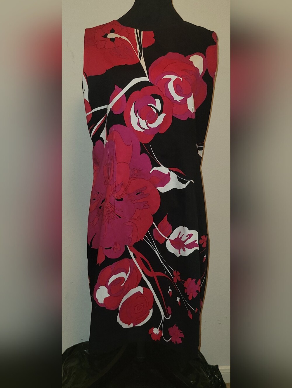 Tahari Black Dress with Red and White Floral Print